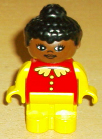 Duplo Figure, Child Type 1 Girl, Yellow Legs, Red Top with Lace Collar & Buttons, Yellow Arms, Black Hair, Brown Head