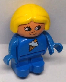 Duplo Figure, Child Type 1 Girl, Blue Legs, Blue Top with Ice Cream Pattern, Yellow Hair