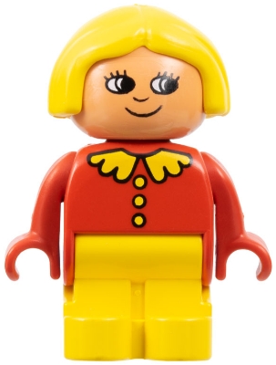Duplo Figure, Child Type 1 Girl, Yellow Legs, Red Top with Collar And 3 Buttons, Yellow Hair, White in Eyes Pattern