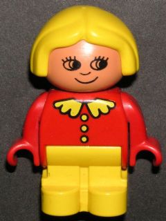 Duplo Figure, Child Type 1 Girl, Yellow Legs, Red Top with Collar And 3 Buttons, Yellow Hair, no White in Eyes Pattern