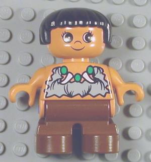 Duplo Figure, Child Type 2 Girl, Brown Legs, Tooth Necklace, Black Hair &#40;Caveman&#41;