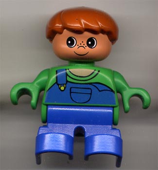Duplo Figure, Child Type 2 Boy, Blue Legs, Green Top with Blue Overalls with one Strap