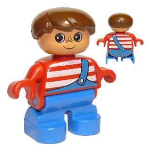 Duplo Figure, Child Type 2 Boy, Blue Legs, Red Top with White Stripes and Blue Overalls with One Strap
