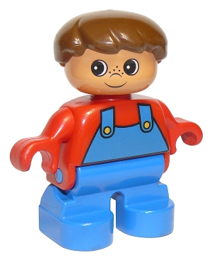 Duplo Figure, Child Type 2 Boy, Blue Legs, Red Top with Blue Overalls, Brown Hair
