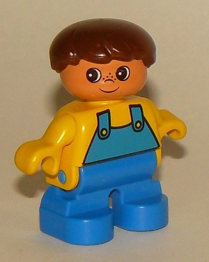 Duplo Figure, Child Type 2 Boy, Blue Legs, Yellow Top with Blue Overalls, Brown Hair