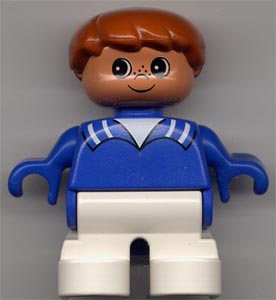 Duplo Figure, Child Type 2 Boy, White Legs, Blue Top with White Stripes on Collar, Brown Hair