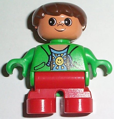 Duplo Figure, Child Type 2 Boy, Red Legs, Green Top with Sun Pattern Shirt, Brown Hair