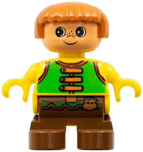 Duplo Figure, Child Type 2 Boy, Brown Legs, Green Vest with Brown Straps and Belt with Sash
