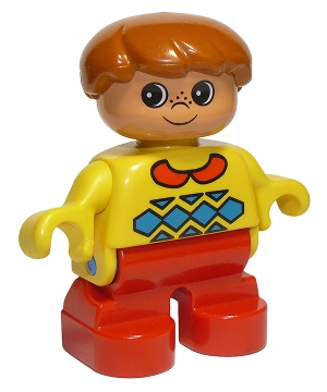 Duplo Figure, Child Type 2 Boy, Red Legs, Yellow Sweater with Red Collar