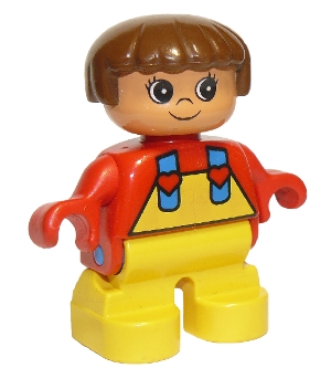 Duplo Figure, Child Type 2 Girl, Yellow Legs, Red Top with Yellow Overalls and Hearts on Straps