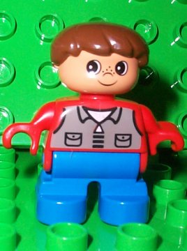 Duplo Figure, Child Type 2 Boy, Blue Legs, Red Top with Dark Gray Shirt, Brown Hair
