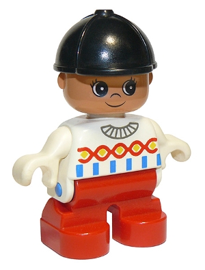 Duplo Figure, Child Type 2 Girl, Red Legs, White Top with Red, Yellow and Blue Designs, Black Riding Hat