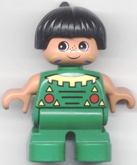 Duplo Figure, Child Type 2 Boy, Green Legs, Green Top, Black Hair (American Indian)