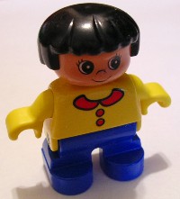 Duplo Figure, Child Type 2 Girl, Blue Legs, Yellow Top with Collar and 2 Buttons, Black Hair
