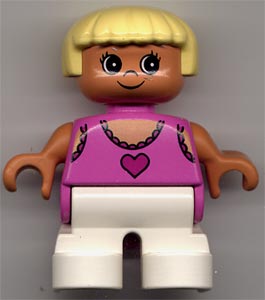 Duplo Figure, Child Type 2 Girl, White Legs, Dark Pink Lace Tank Top with Heart, Yellow Hair