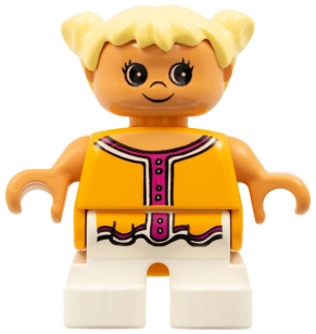 Duplo Figure, Child Type 2 Girl, White Legs, Orange and Dark Pink Top , Yellow Hair Pigtails