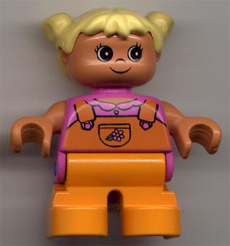 Duplo Figure, Child Type 2 Girl, Orange Legs, Dark Pink Top with Orange Overalls with Flower, Yellow Hair Pigtails