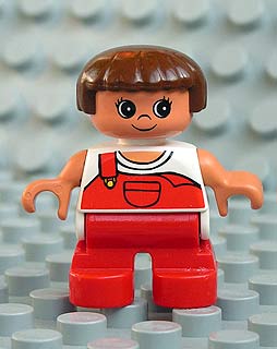 Duplo Figure, Child Type 2 Girl, Red Legs, White Top with Red Overalls with one Strap