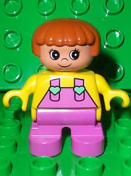 Duplo Figure, Child Type 2 Girl, Dark Pink Legs, Yellow Top with Dark Pink Overalls and Hearts on Straps