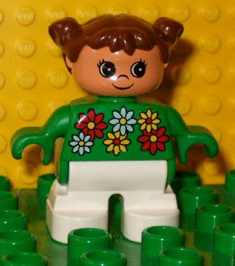 Duplo Figure, Child Type 2 Girl, White Legs, White, Red and Yellow Flowers, Brown Hair