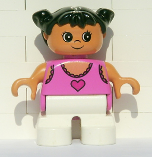 Duplo Figure, Child Type 2 Girl, White Legs, Dark Pink Lace Tank Top with Heart, Black Hair Pigtails