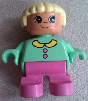 Duplo Figure, Child Type 2 Girl, Dark Pink Legs, Medium Green Top with Buttons and Collar, Light Yellow Hair