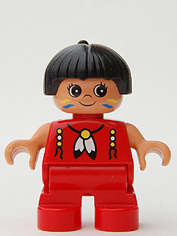 Duplo Figure, Child Type 2 Girl, Red Legs, Red Top with Feather Necklace, Black Hair with Feather (American Indian)