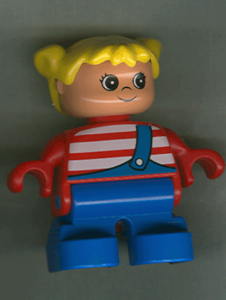 Duplo Figure, Child Type 2 Girl, Blue Legs, Red Top with White Stripes, Yellow Hair Pigtails