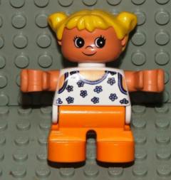 Duplo Figure, Child Type 2 Girl, Orange Legs, White Blouse with Blue Flowers, Yellow Hair Pigtails
