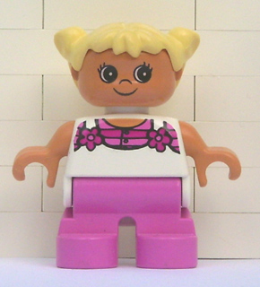 Duplo Figure, Child Type 2 Girl, Dark Pink Legs, White Top with Pink Stripes and Flowers, Light Yellow Hair