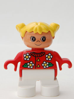 Duplo Figure, Child Type 2 Girl, White Legs, Red Top with Flowers Pattern, Collar And 2 Buttons, Yellow Hair Pigtails