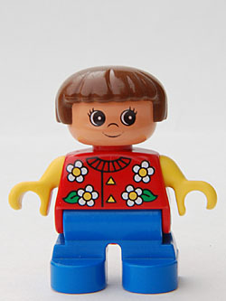 Duplo Figure, Child Type 2 Girl, Blue Legs, Red Torso With Flowers Pattern, Collar And 2 Buttons, Yellow Arms, Brown Hair