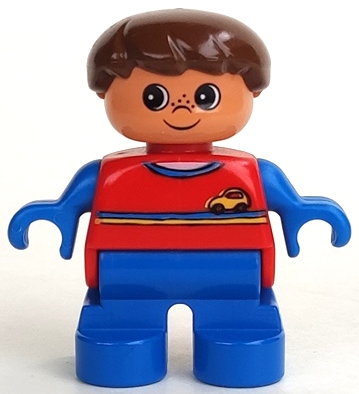 Duplo Figure, Child Type 2 Boy, Blue Legs, Red Top with Yellow and Blue Stripes and Yellow Car Logo, Blue Arms, Brown Hair