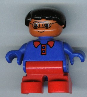 Duplo Figure, Child Type 2 Boy, Red Legs, Blue Top with Red Collar, Black Hair, Glasses