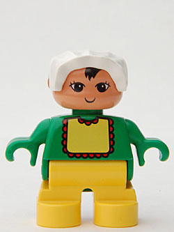 Duplo Figure, Child Type 2 Baby, Yellow Legs, Green Top with Yellow Bib with Red Lace, White Bonnet