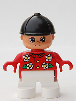 Duplo Figure, Child Type 2 Girl, White Legs, Red Top with White Flowers, Black Riding Hat