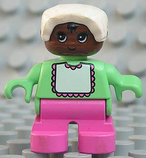 Duplo Figure, Child Type 2 Baby, Dark Pink Legs, Light Green Top with White Bib with Dark Pink Lace, White Bonnet