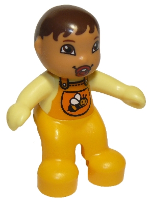 Duplo Figure Lego Ville, Baby, Bright Light Orange Overalls with Bib with Bee Pattern, Pacifier