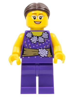 LEGOLAND Park Female, Dark Purple Blouse with Gold Sash and Flowers, Dark Brown Hair