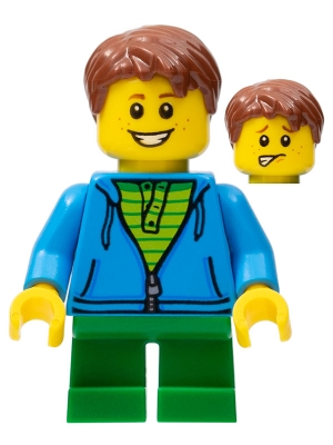 LEGOLAND Park Boy with Reddish Brown Hair, Hoodie with Zipper over Lime and Green Striped Shirt and Green Legs
