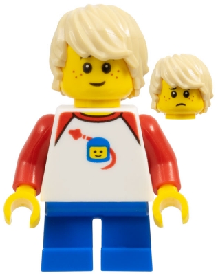 LEGOLAND Park Boy with Tan Hair, Shirt with Red Collar and Shoulders, Spaceship Orbiting Classic Space Helmet Pattern and Short Blue Legs