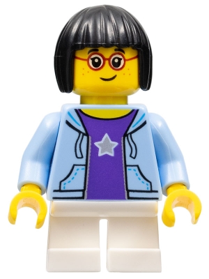 LEGOLAND Park Girl with Black Bob Cut Hair, Bright Light Blue Hooded Sweatshirt Open with Purple Shirt with Silver Star Pattern and White Short Legs