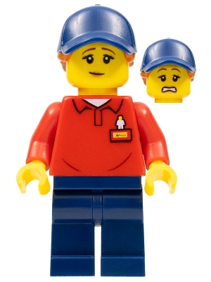 LEGOLAND Park Worker Female with Dark Blue Hat and Dark Orange Ponytail, Red Polo Shirt with &#39;LEGOLAND&#39; on Back and Dark Blue Legs