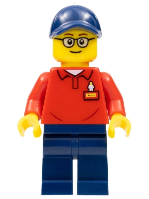LEGOLAND Park Worker Male with Glasses, Dark Blue Hat, Red Polo Shirt with 'LEGOLAND' on Back and Dark Blue Legs