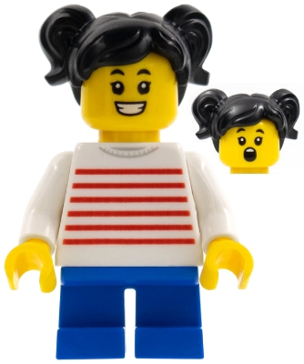 LEGOLAND Park Girl with Black Two Pigtails Hair, White Sweater with Red Horizontal Stripes, Blue Short Legs