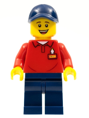 LEGOLAND Park Worker Male, Smiling, Dark Blue Hat, Red Polo Shirt with 'LEGOLAND' on Back and Dark Blue Legs