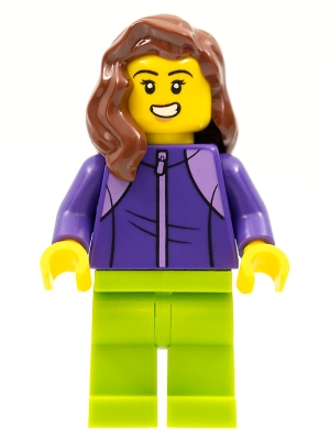 LEGOLAND Park Female with Reddish Brown Mid-Length Hair, Dark Purple Tracksuit, Lime Legs