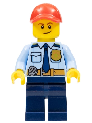 LEGOLAND Park Police Officer with Shirt with Dark Blue Tie and Gold Badge, Dark Tan Belt with Radio, Dark Blue Legs, Red Cap, Lopsided Smile