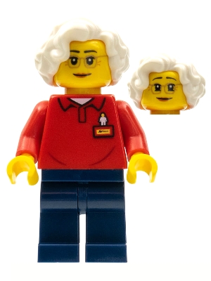 LEGOLAND Park Worker Older Female, Glasses, White Hair, Red Polo Shirt with &#39;LEGOLAND&#39; on Back and Dark Blue Legs