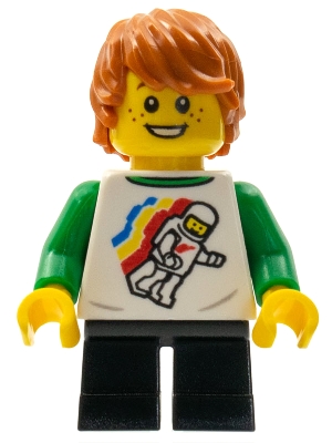 LEGOLAND Park Boy with Reddish Brown Hair, White and Green Spaceman Shirt, Black Short Legs